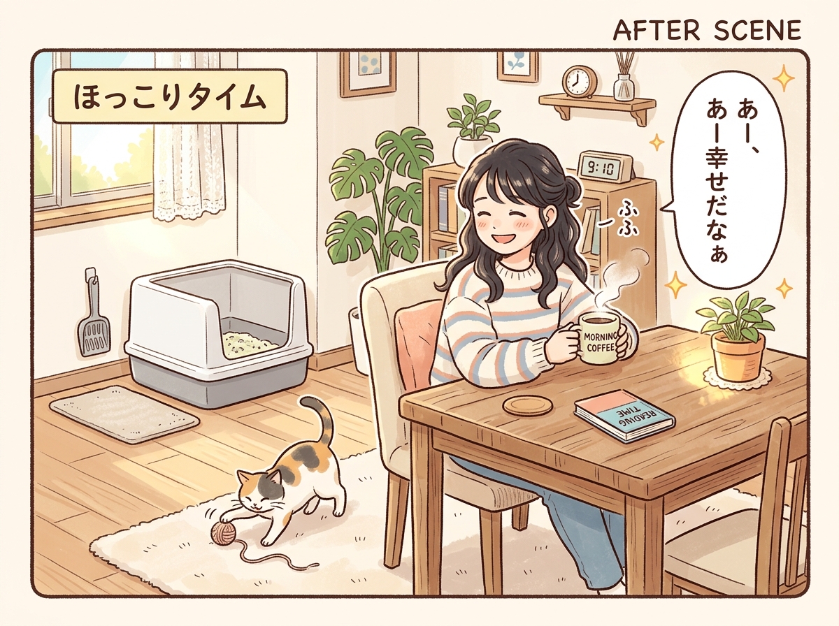ネコバコ導入後：朝ゆっくり過ごせるようになったイラスト