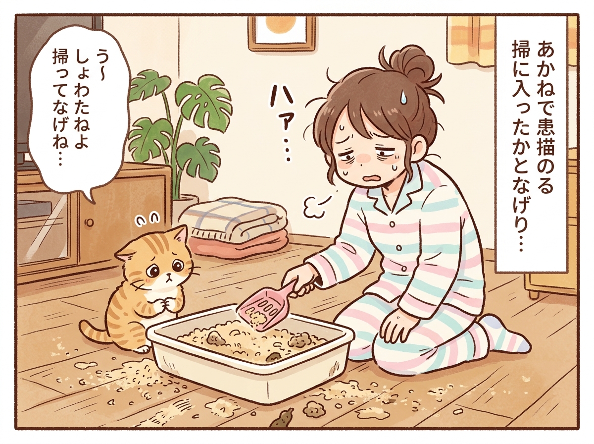 ネコバコ導入前：毎朝大変なトイレ掃除のイラスト