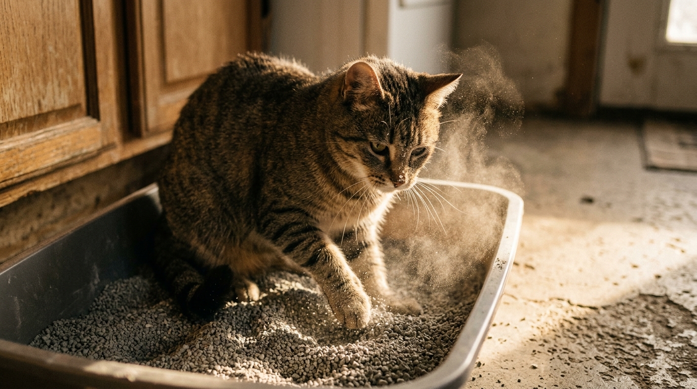 砂かき時に舞い上がる粉塵と愛猫